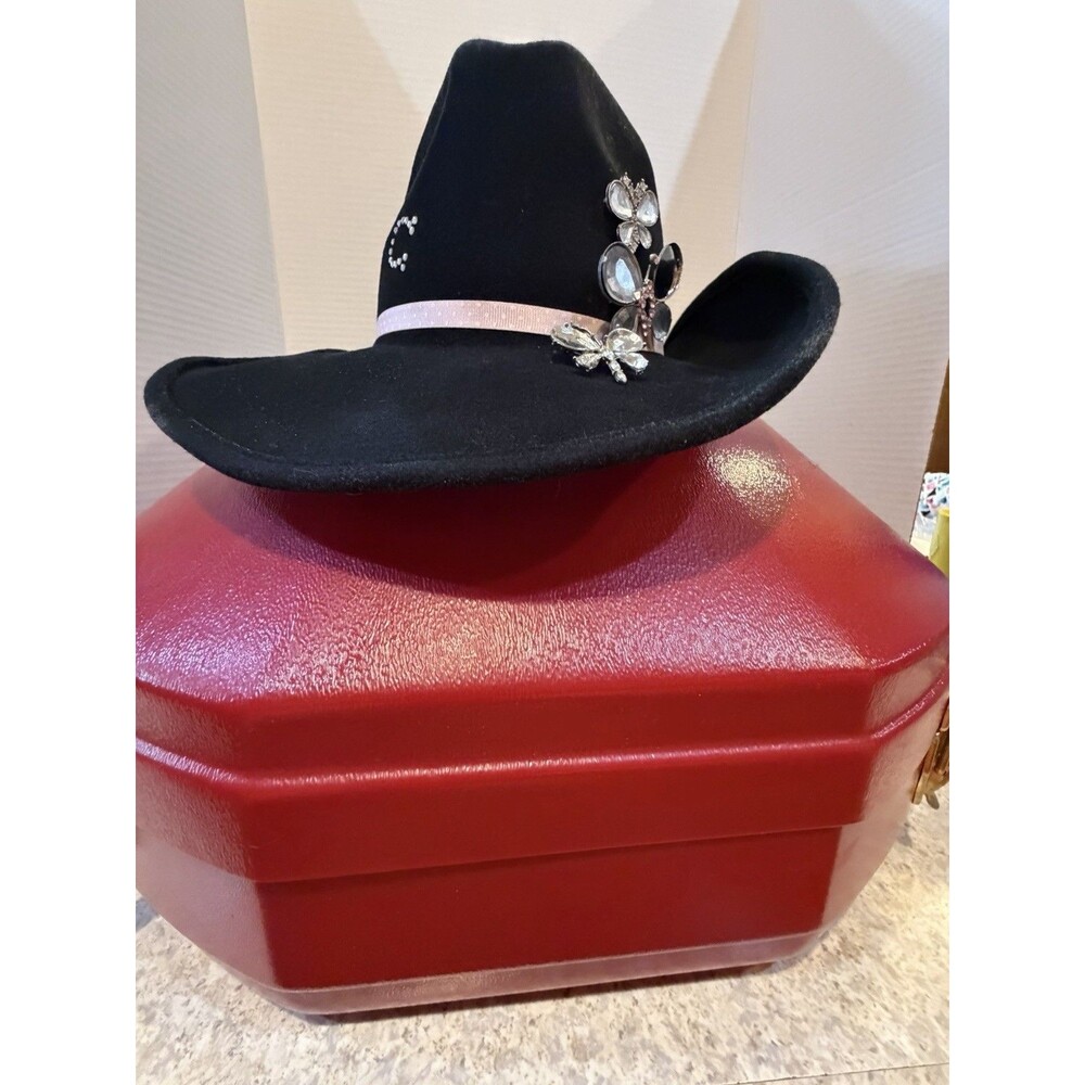 Charlie 1 Horse Black Felt Cowboy Hat 6 7/8Rhinestone Butterfly Pins w/Hard Case
